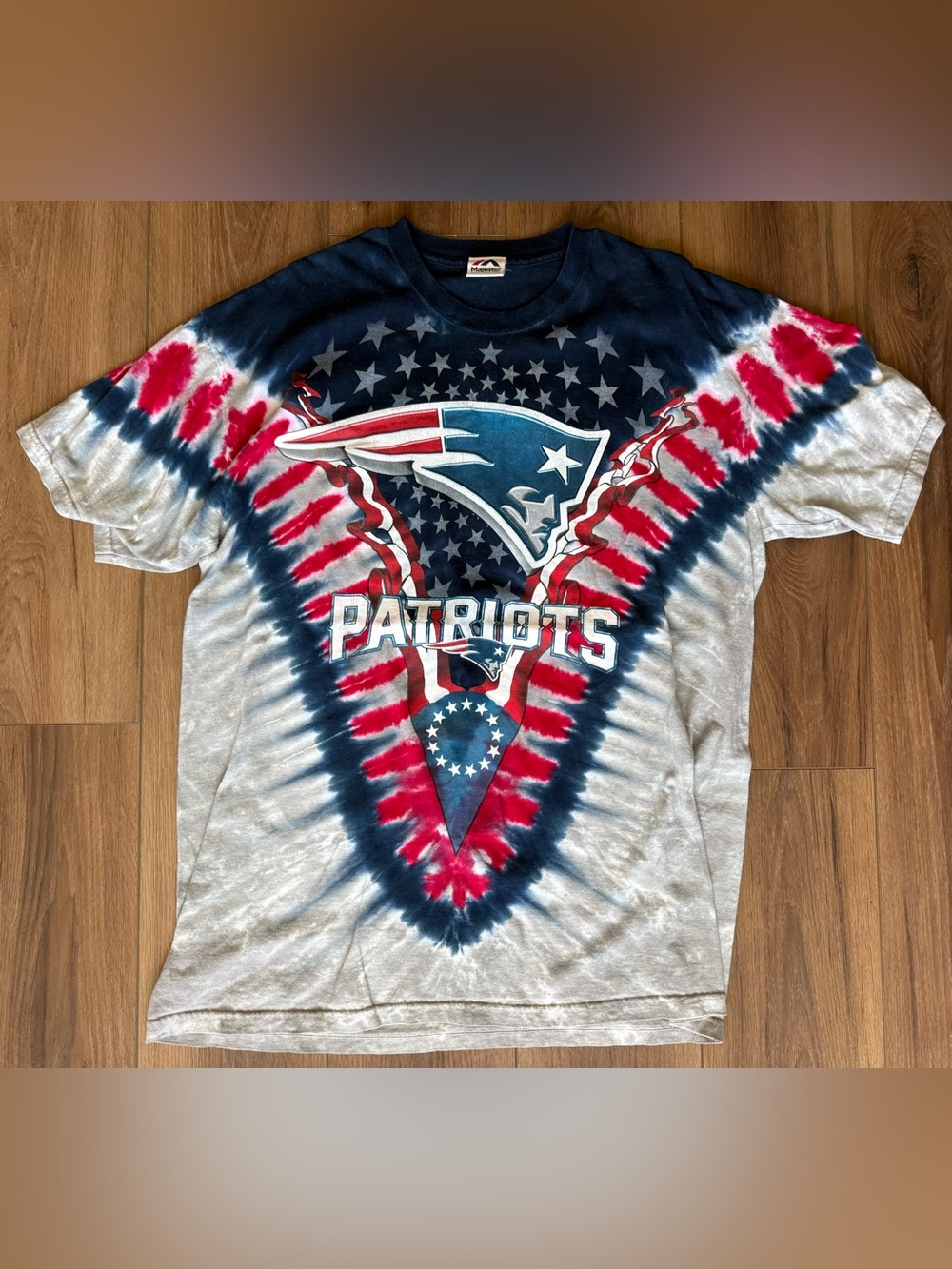 New England Patriots All Over Print Tie Dye Majestic NFL T-Shirt Men XL
